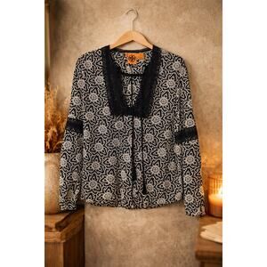 Tory Burch Black White Floral Tunic Top Crochet Trim Tassel Tie Cotton Sz 2 Fun